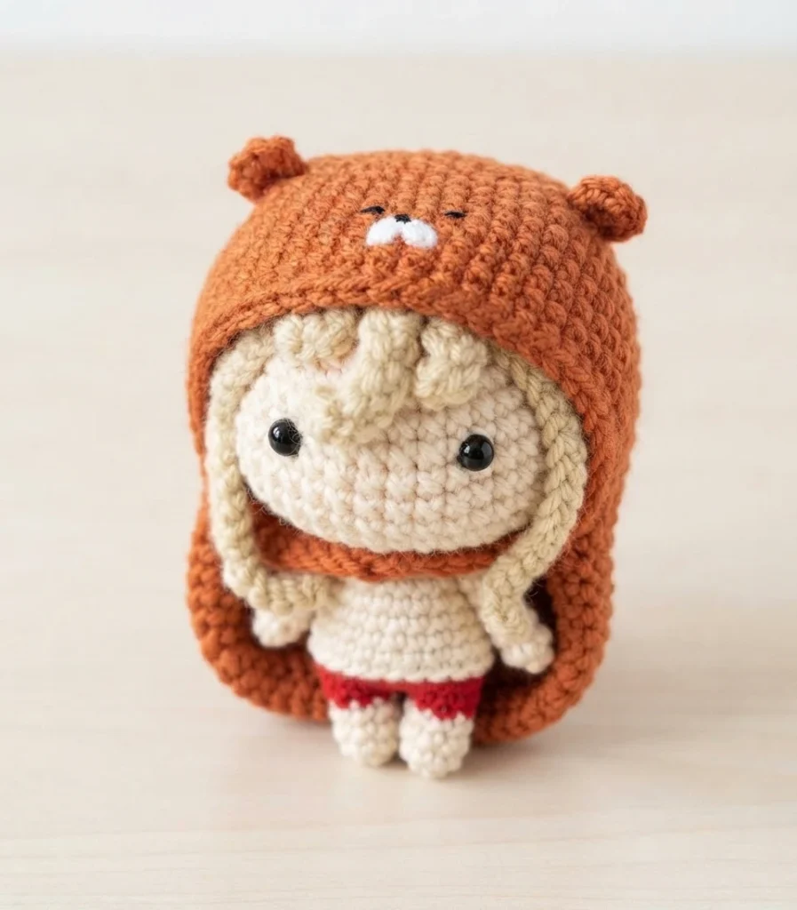 Amigurumi crochet doll with blonde hair and black eyes wearing an orange hamster hoodie, a cream top and red shorts