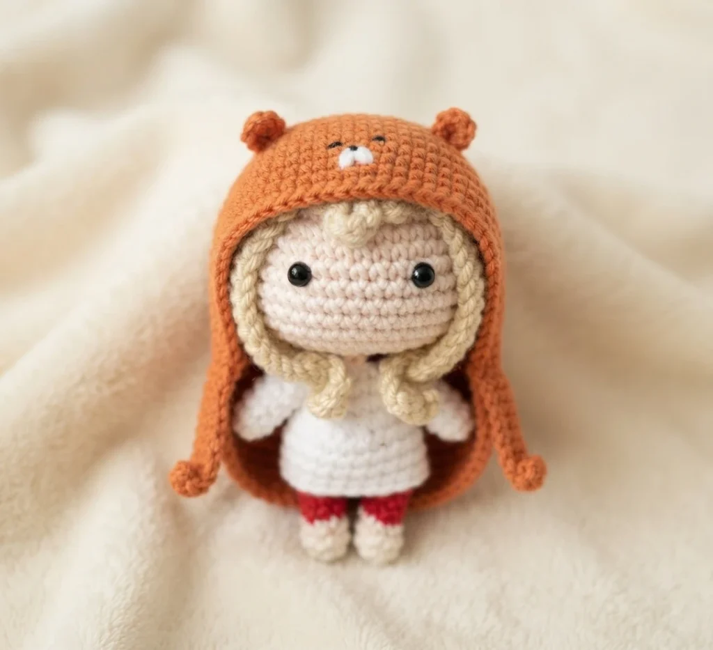 Crochet amigurumi doll with blonde hair, black eyes, white dress and red leggings wearing an orange animal hood, on a cream blanket