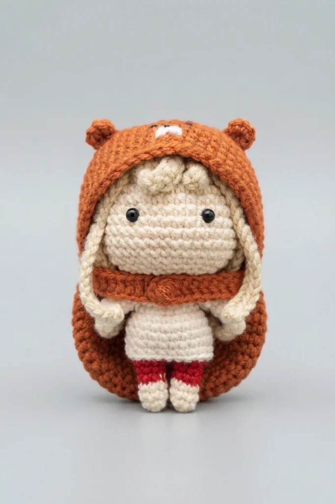 Crochet amigurumi doll of Umaru-chan wearing an orange hamster hood with ears, cream hair and face, black safety eyes, a white dress and red legs, standing against a light gray background