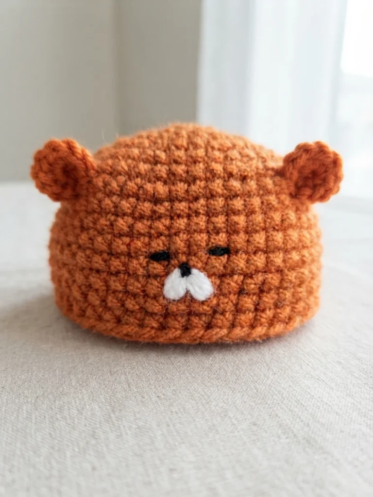 Orange crochet hamster hood with round ears and an embroidered face with a white muzzle