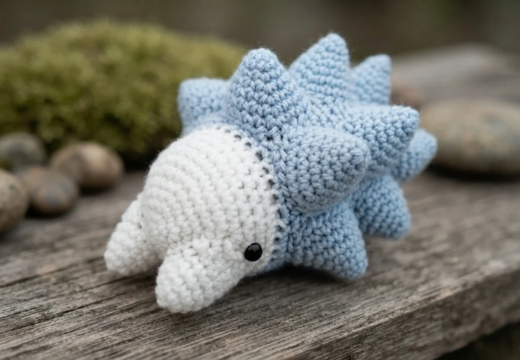 Crocheted white and light blue Snom amigurumi with spiky shell and black safety eye resting on a wooden surface