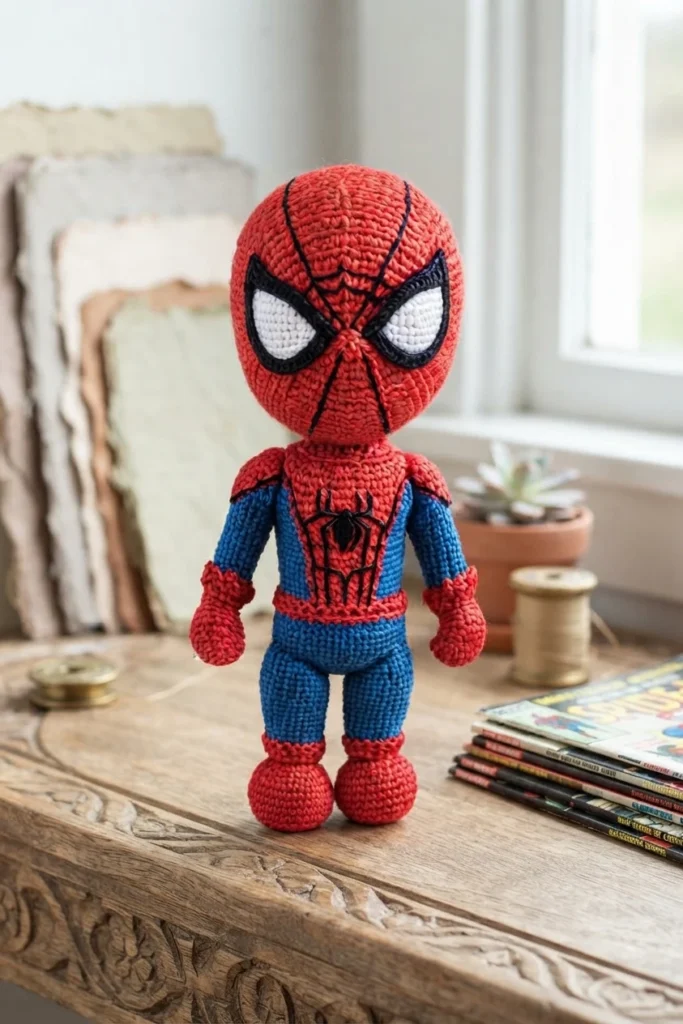 A red and blue crocheted Spider-Man doll with white eyes and black web details stands on a wooden table.