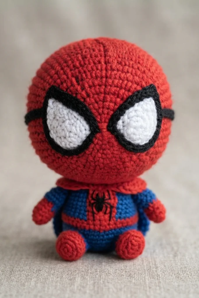 A seated red-and-blue crocheted Spider-Man doll with large white eyes outlined in black and a black spider motif on its chest.