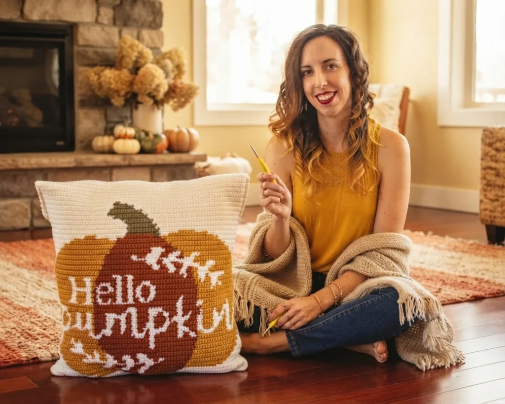A woman holding a crochet hook sits beside a white pillow decorated with orange and yellow pumpkins and the words “Hello Pumpkin.”