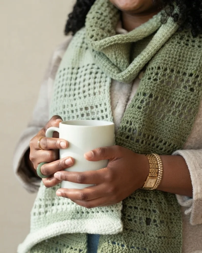 Foulard crocheté vert pâle à motifs ajourés et bordure blanche, porté avec un manteau beige tandis qu’une personne tient une tasse blanche.