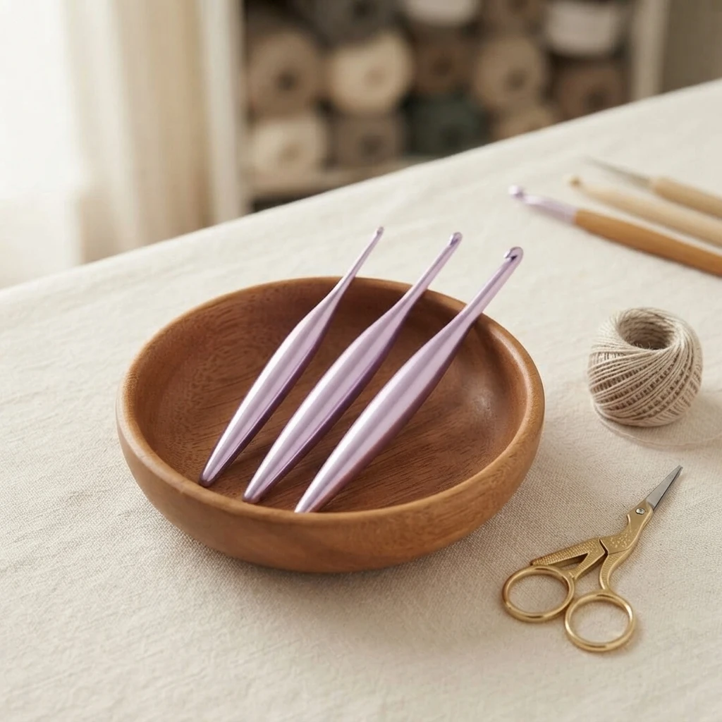 Three lilac crochet hooks rest in a wooden bowl beside beige yarn and small scissors on a light surface.