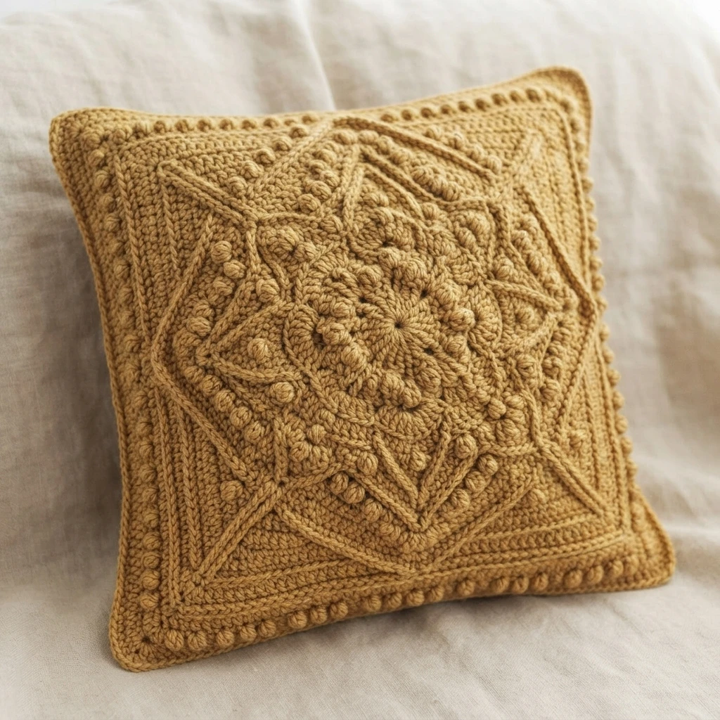 A square tan crocheted cushion with a raised geometric pattern and bobble edging, resting on pale fabric.