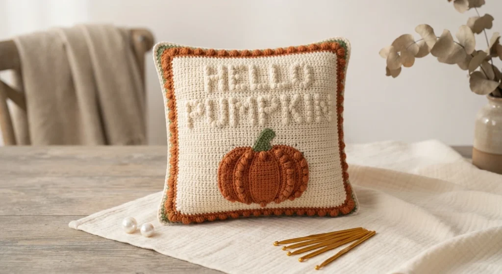 Coussin au crochet couleur crème avec une citrouille orange en relief, du texte crème, une bordure texturée et des crochets dorés posés devant.