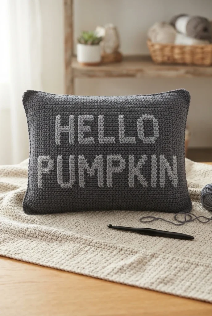 A dark gray crocheted pillow with light lettering reading “Hello Pumpkin” on a cream blanket, with a crochet hook beside it.