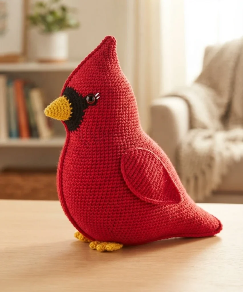 Crocheted red cardinal pillow with black face mask, yellow beak and feet, sitting on a wooden table in a cozy room
