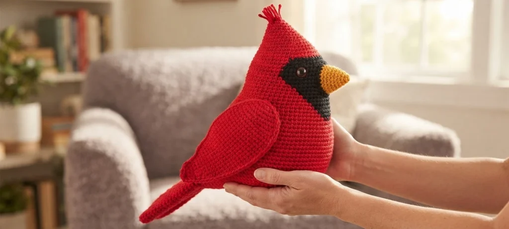 Red crocheted cardinal with black face and yellow beak held in hands in a bright living room