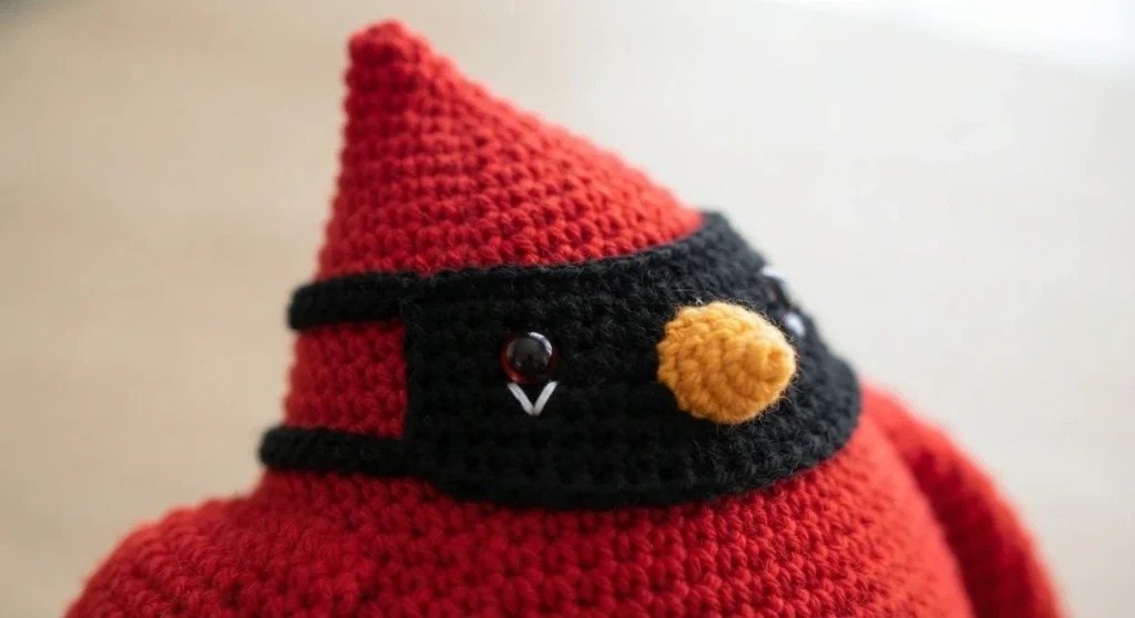 Close-up of a crochet cardinal pillow head with a pointed red crest, a black face panel, a round safety eye and a small yellow beak.