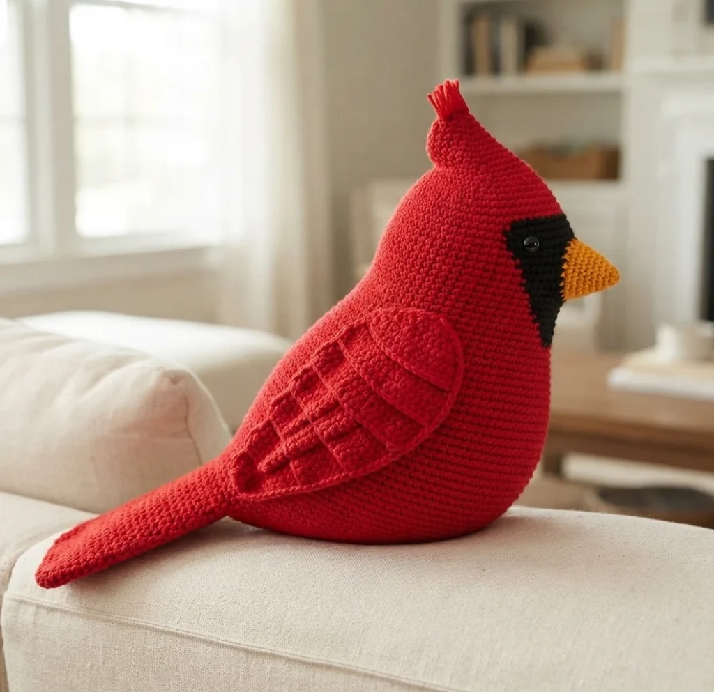 Red crocheted cardinal pillow with black face accent, yellow beak and textured wing resting on a light sofa.