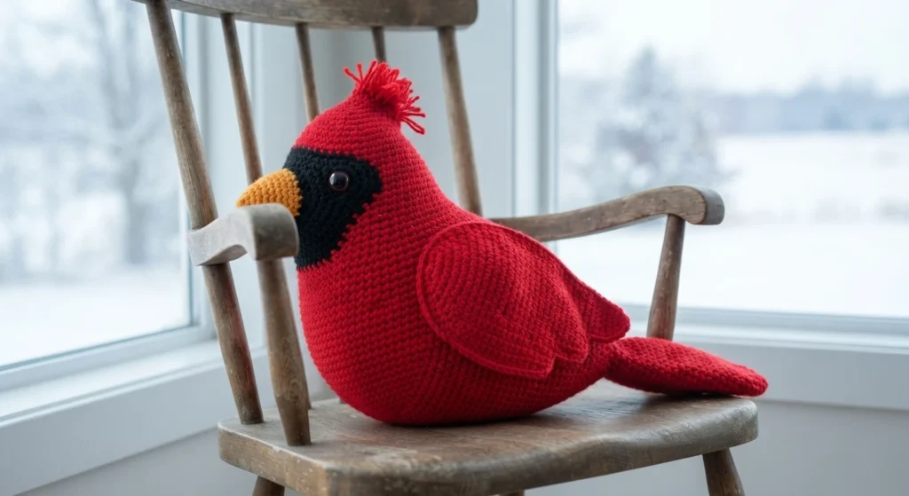 Red crocheted cardinal pillow with black face and yellow beak sitting on a wooden chair by a snowy window.