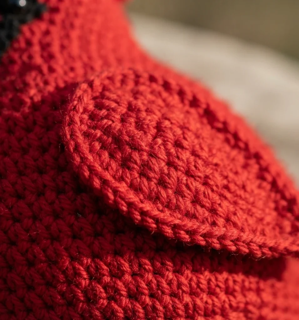 Close-up of the red crocheted cardinal showing its textured stitches and wing