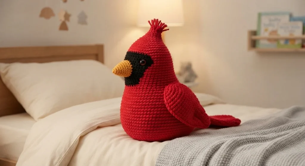 Red crocheted cardinal with black face patch and yellow beak sitting on a bed with cream bedding and a gray blanket.