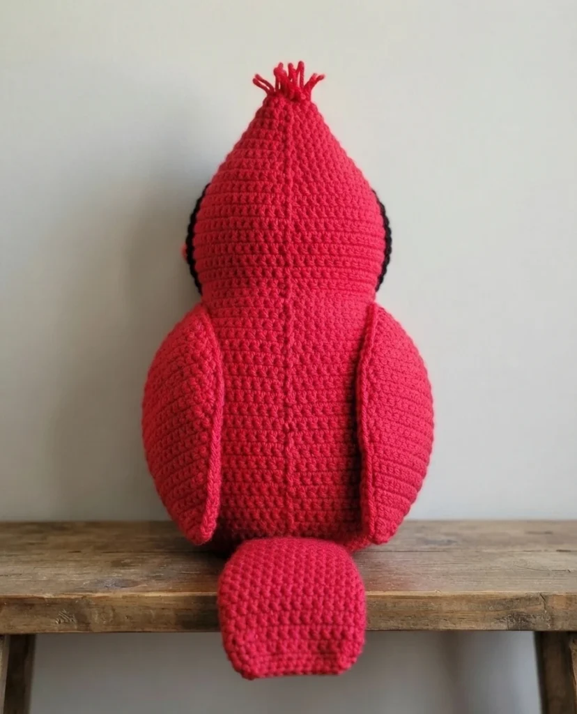 Crocheted red cardinal pillow viewed from behind, sitting on a wooden bench