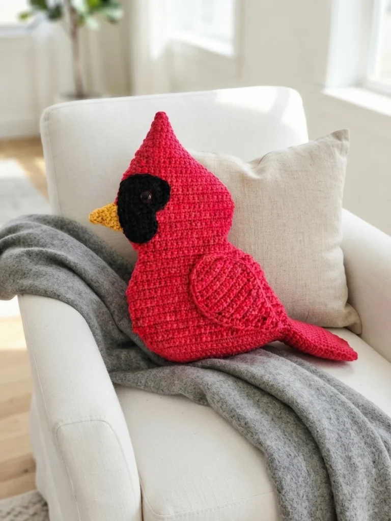 Finished red crocheted cardinal pillow with a pointed crest, black face patch, yellow beak, and red wing, resting on a light armchair.