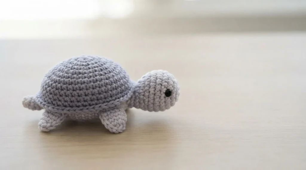 A small crocheted turtle with a grey purple shell and pale grey head and legs on a light wooden surface.