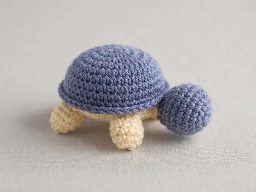 Small crocheted turtle with a blue purple domed shell and cream colored legs, photographed from behind on a light neutral fabric background.