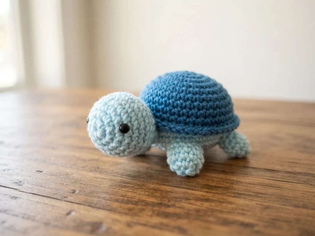 A small crocheted turtle with a dark blue dome shell and a light blue head, legs and tail, standing on a wooden table in front of a blurred indoor background.