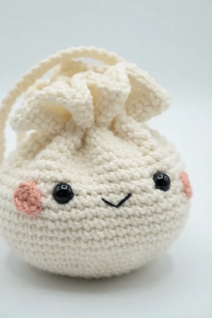 Finished crochet dumpling bag with frilly gathered top, safety eyes, pink cheeks, embroidered smile and drawstring.