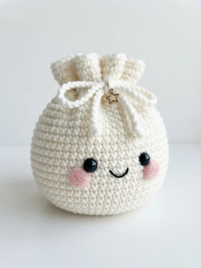 White crochet dumpling bag with black eyes, pink cheeks, small smile, tied drawstring and small gold star charm on a white background.