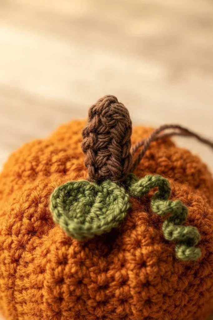 Close-up of the top of an orange crocheted cup cozy shaped like a pumpkin, with a brown crocheted stem, a green leaf and a curly green vine attached, plus two loose brown yarn tails.