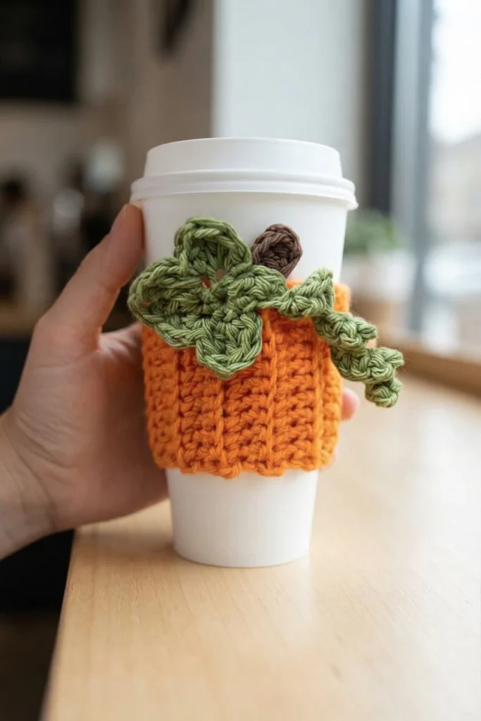 Hand holding a white paper coffee cup wrapped in an orange crocheted cozy, topped with a green crocheted leaf and curly vine plus a small brown stem, photographed against a blurred cafe interior.