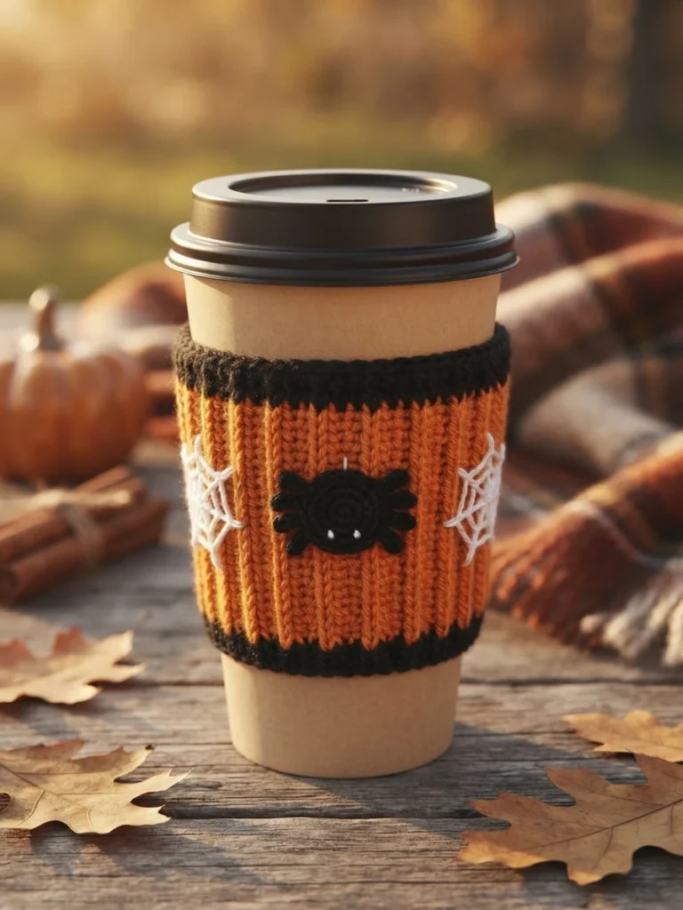 Finished crochet cup cozy in orange with black ribbed bands at the top and bottom, a black spider appliqué at the center and white spiderweb motifs on each side, wrapped around a kraft paper coffee cup with a black lid on a wooden table, wi