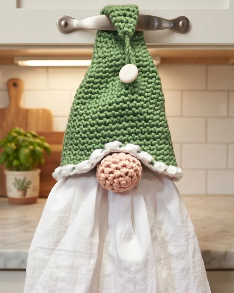Green crocheted gnome towel topper with a white brim, peach nose and button, holding a white towel on a kitchen handle.