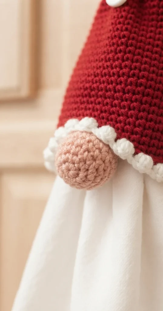 Close-up of a red crocheted gnome towel topper with a pink nose, white bobble trim, and a hanging white towel.