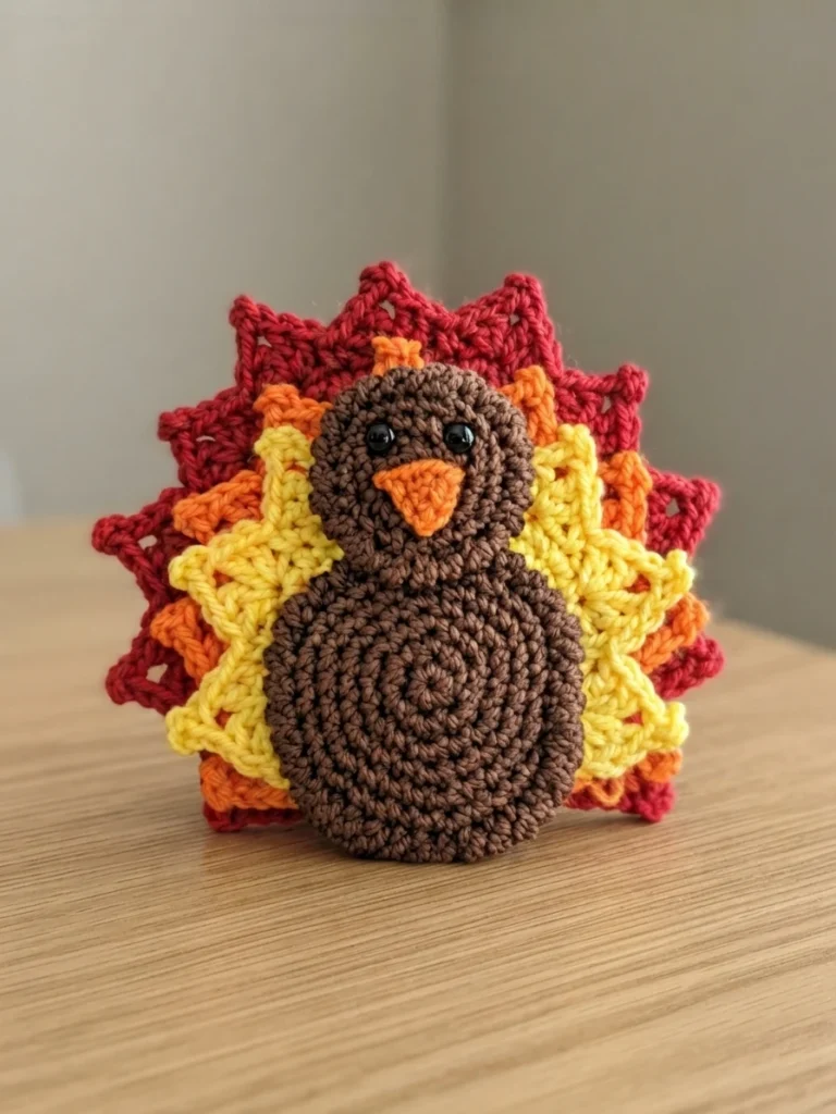 Crocheted turkey applique with a brown spiral body, orange beak, two black safety eyes and three layered feather rounds in red, orange and yellow, standing upright on a light wood table in front of a plain wall.