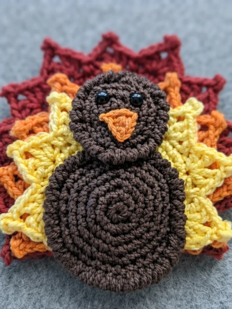 Crocheted turkey applique with a brown spiral body and round head, black safety eyes and an orange beak, framed by layered red, orange and yellow tail feathers, photographed flat on a plain gray surface.