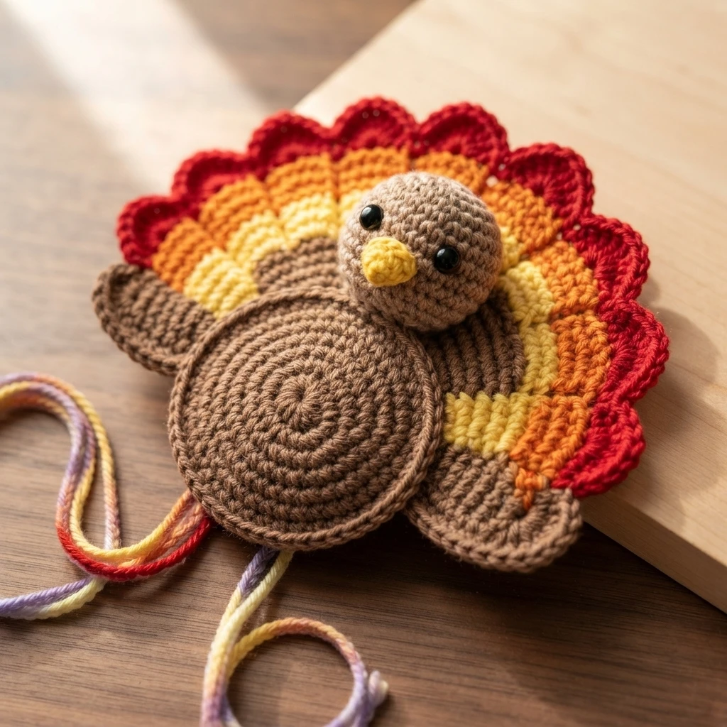Crochet turkey applique with a brown body, small yellow beak, black eyes and layered red, orange and yellow tail feathers, resting on a wooden table with loose strands of yarn nearby