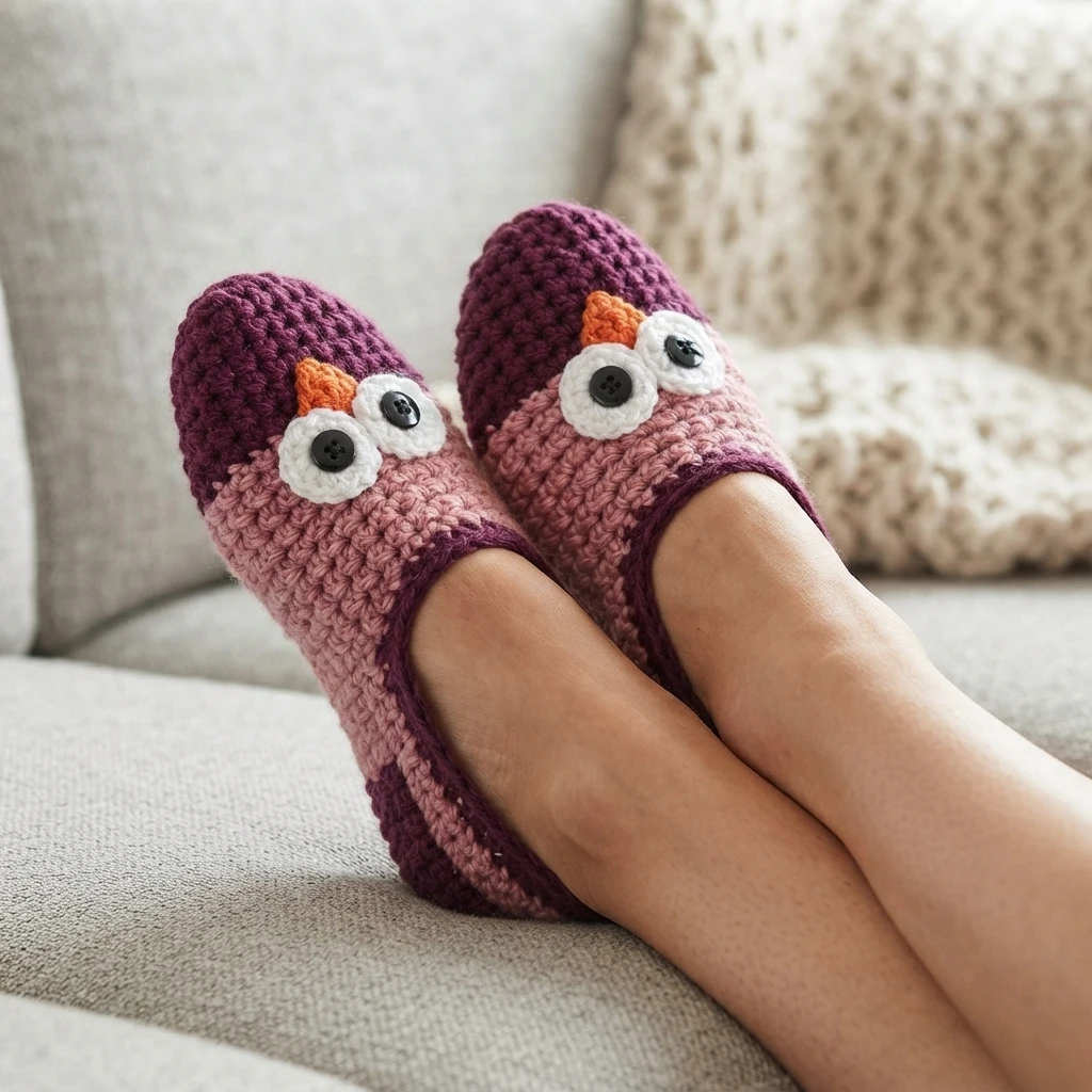 Pair of pink and dark purple crochet owl slipper socks with white eyes, black buttons and orange beaks, worn with feet up on a light sofa