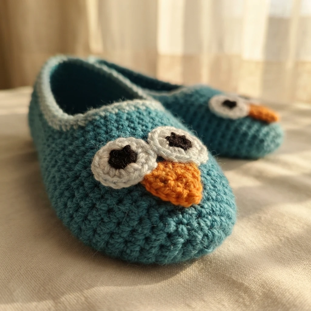 Pair of blue crochet owl slipper socks with white eyes, black pupils and orange beaks resting on a light fabric surface