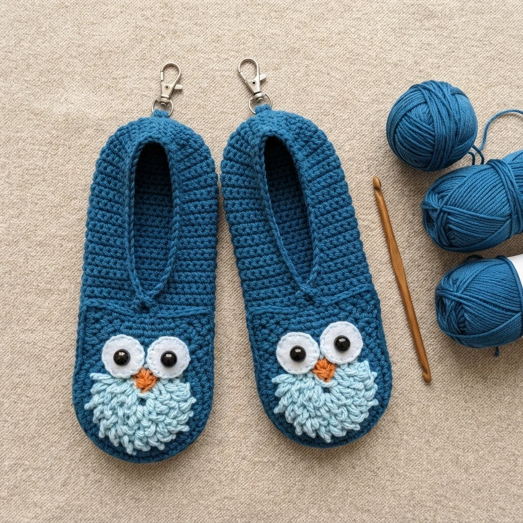 Pair of blue crocheted owl slipper socks with large white eyes, orange beaks and fluffy light blue fronts, laid flat next to blue yarn and a crochet hook
