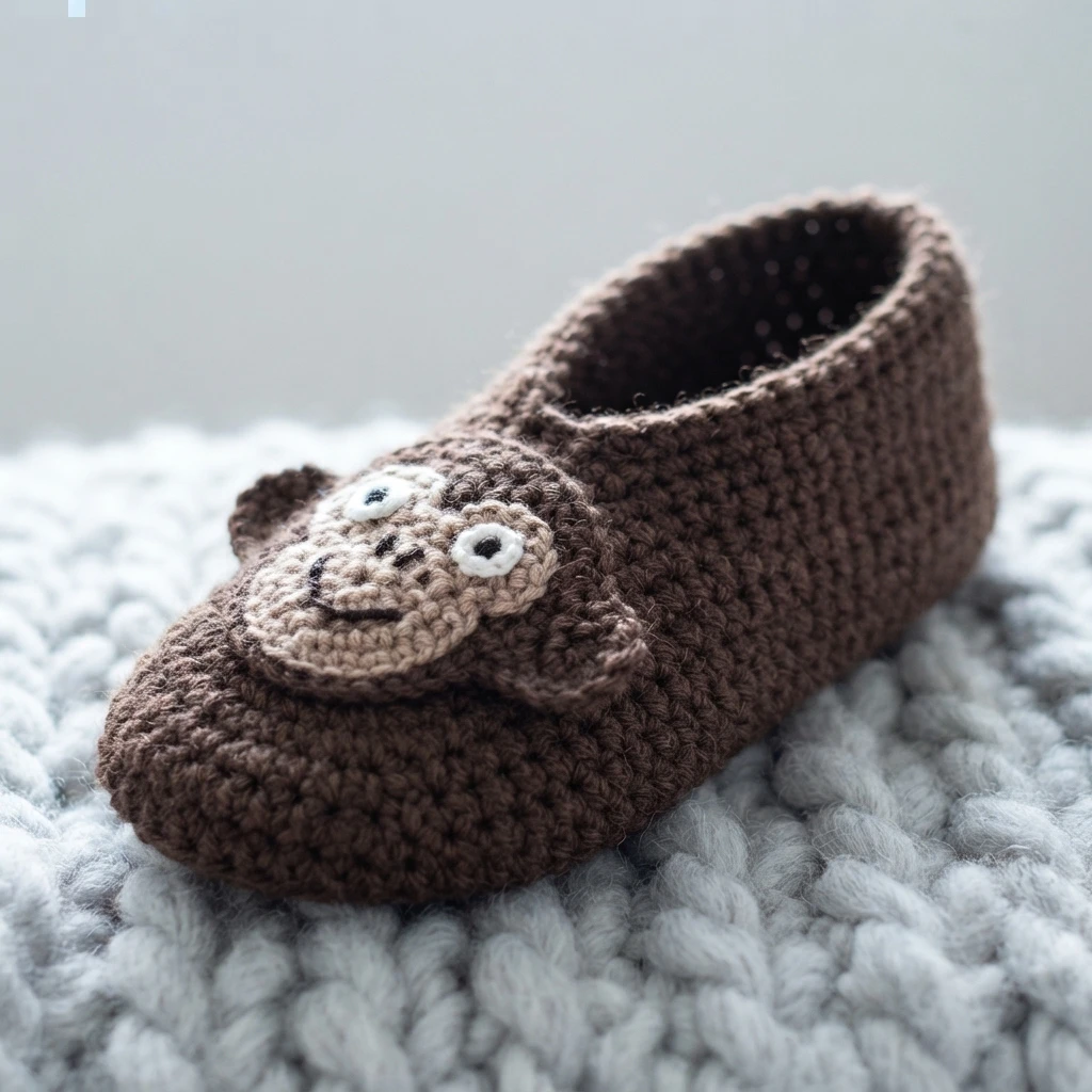 Brown crochet slipper with a monkey face applique on the toe, resting on a light grey chunky knit blanket