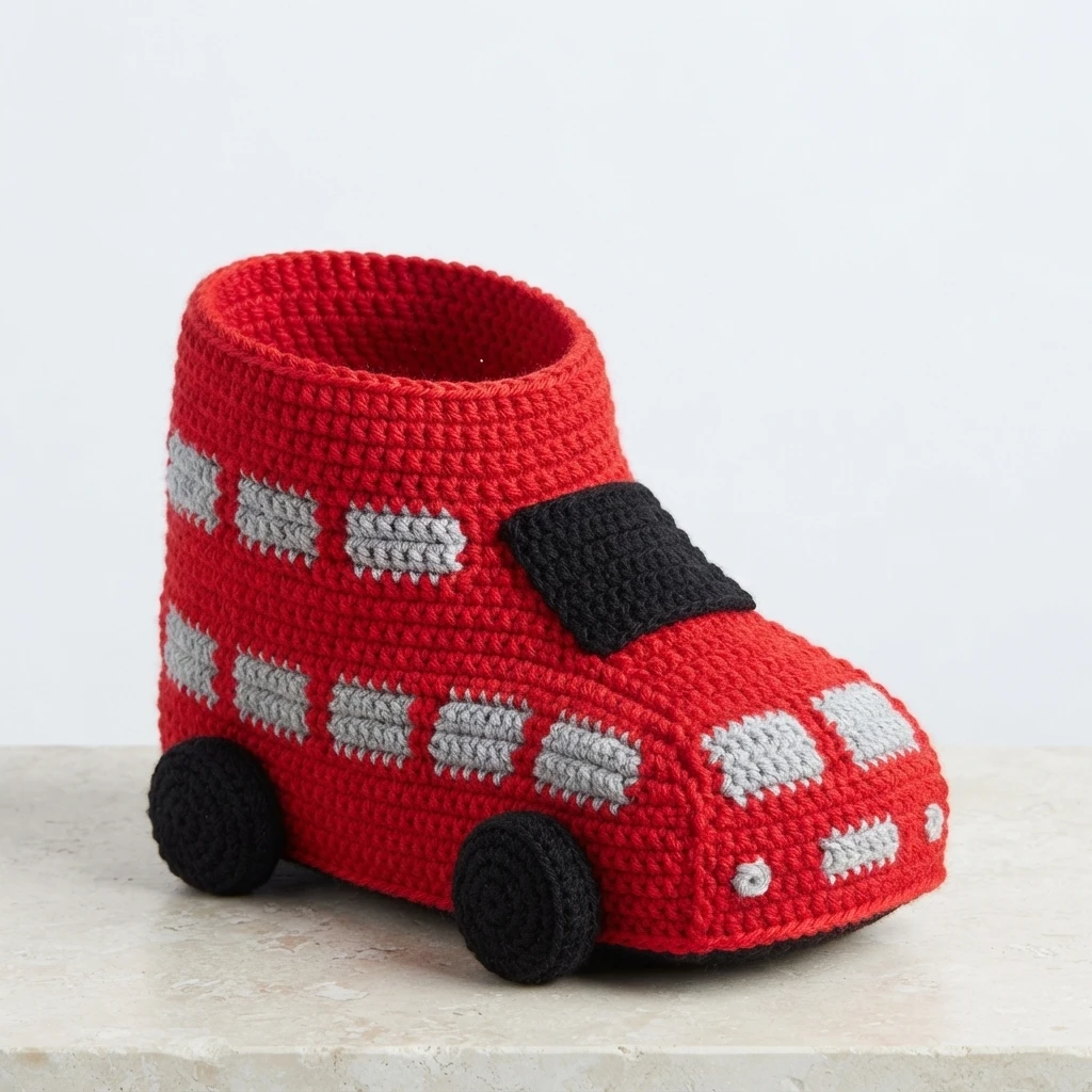 Single red crocheted slipper shaped like a double decker bus with grey windows, a black windshield and black wheels on a light surface