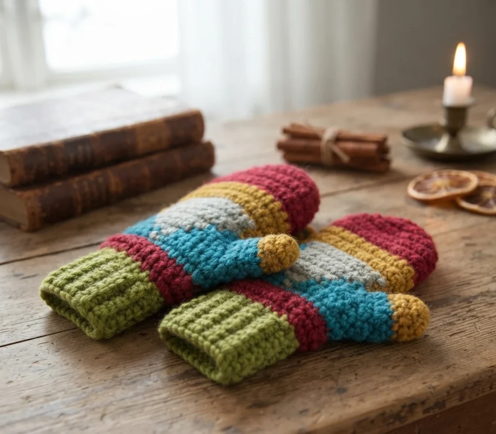 Two crocheted gnome mittens with green ribbed cuffs, red, yellow and blue stripes, a grey beard motif and yellow thumbs, laid on a wooden table beside stacked old books, cinnamon sticks, dried orange slices and a lit candle.