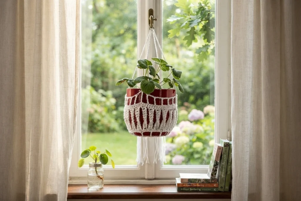 Cache-pot au crochet blanc ajouré autour d’un pot rouge suspendu devant une fenêtre, avec une plante feuillue et une frange sous le cache-pot.