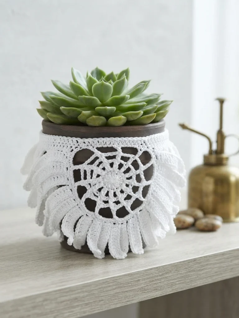 White lacy crochet pot cover with a succulent in a brown pot, displayed on a shelf.