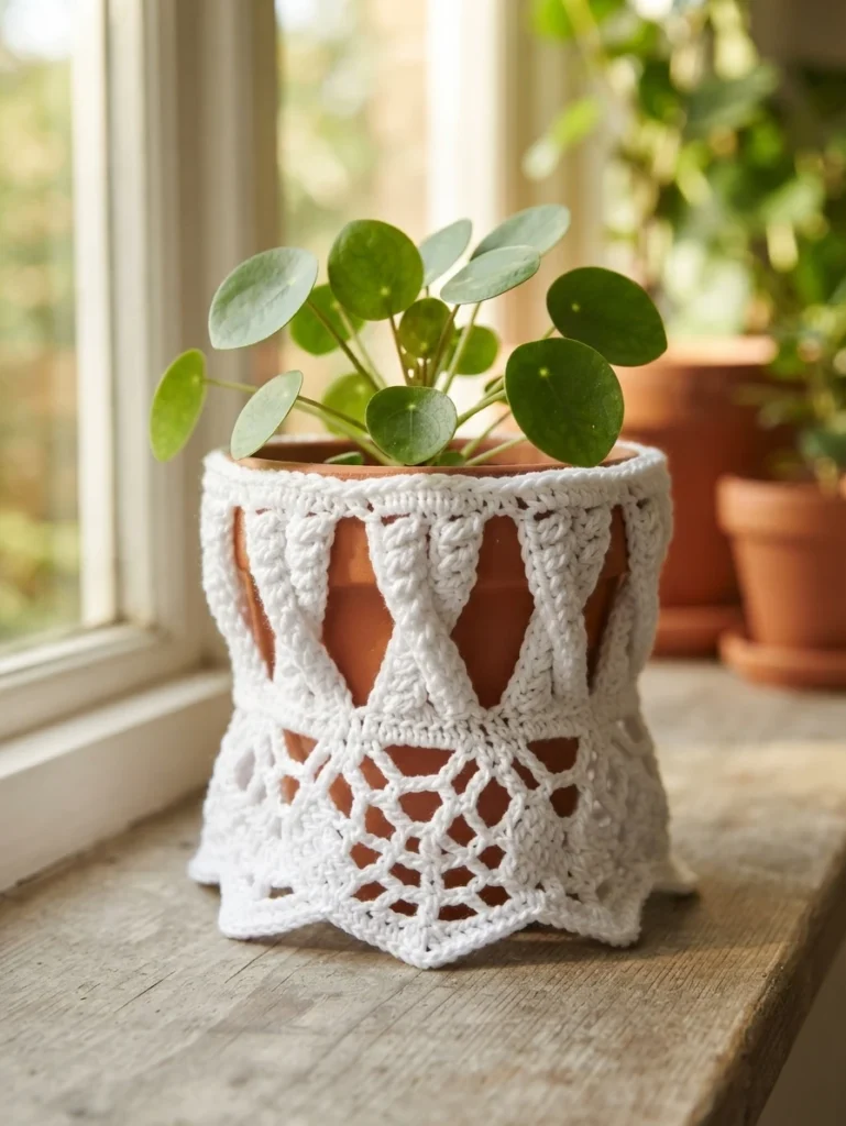 White crocheted lace cover draped around a terracotta plant pot with a leafy plant.