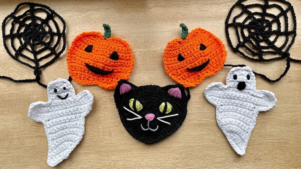 Crochet Halloween garland motifs laid on a light wood surface: two black spider webs, two orange pumpkins with stitched faces, two white ghosts and a black cat face with pink inner ears, green eyes and whiskers.
