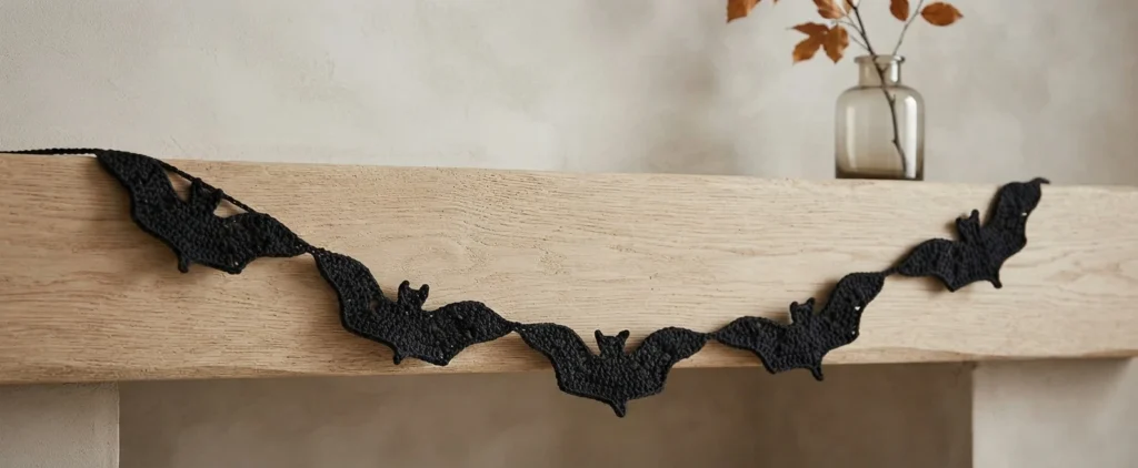 Five black crochet bats joined into a garland draped across a light wood shelf, with a glass vase holding dried autumn leaves in the background.