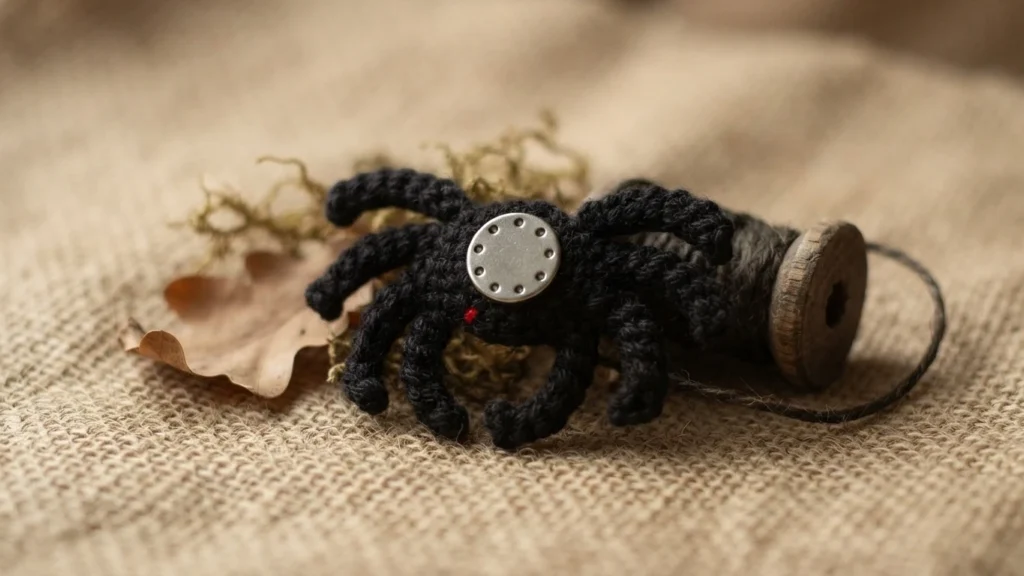 Black crocheted spider with a round metal disc on its body, beside a wooden spool on burlap.