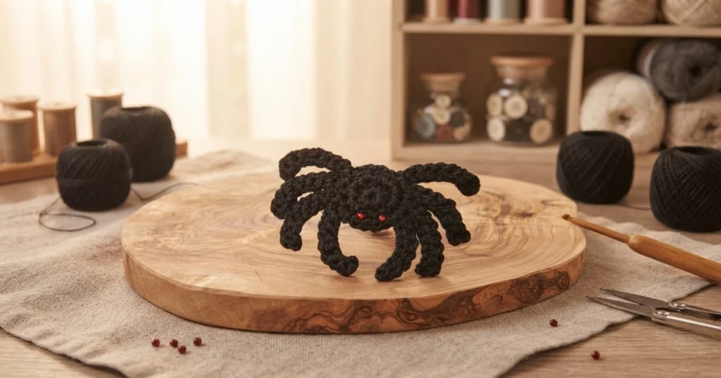 A black crocheted spider with red eyes sits on a wooden board among yarn, a crochet hook, and scissors.