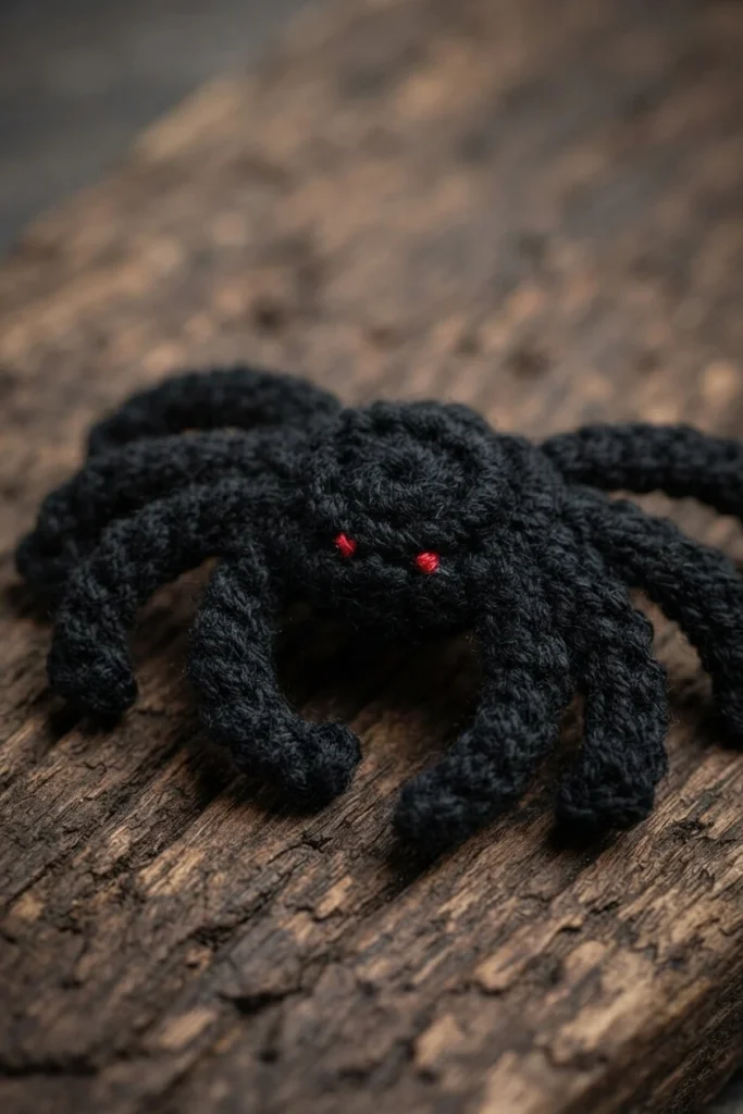 Black crocheted spider with two red eyes on a dark, rough wooden surface.