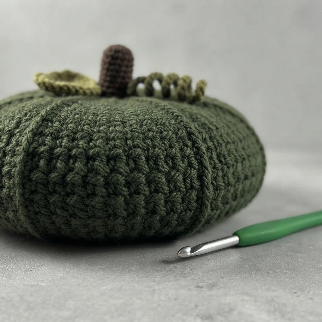 Citrouille crochetée vert foncé avec une tige brune et des feuilles vert olive, posée à côté d’un crochet vert.